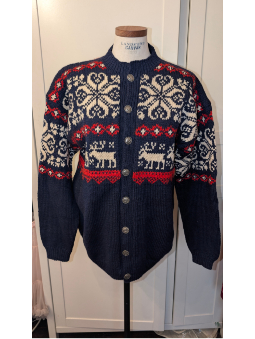 Women's vintage Lulle Otterstad Norwegian Cardigan Sweater Medium Blue White Red